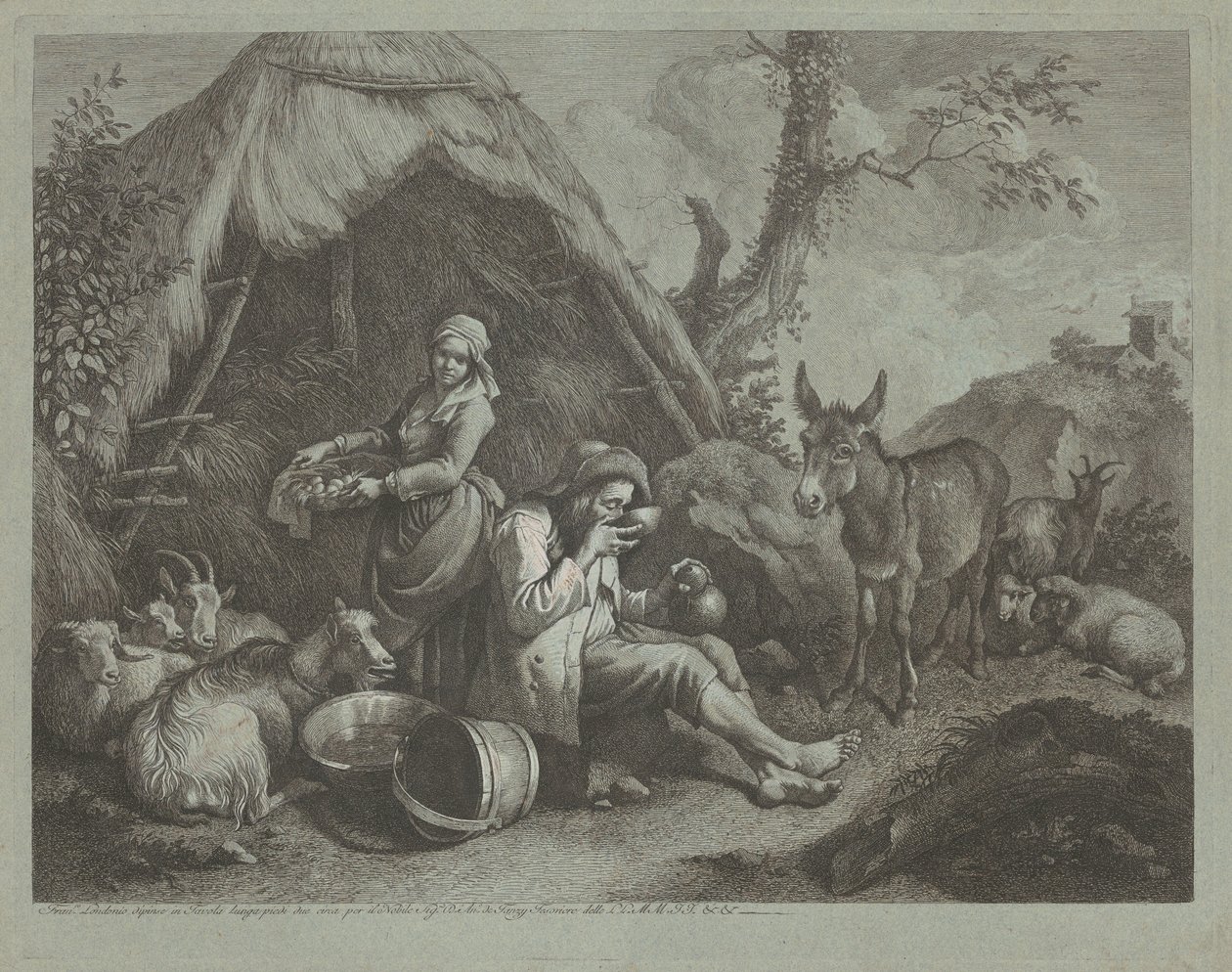 Sitzender alter Mann und Frau mit einem Korb Eier, 1759-1782 von Francesco Londonio