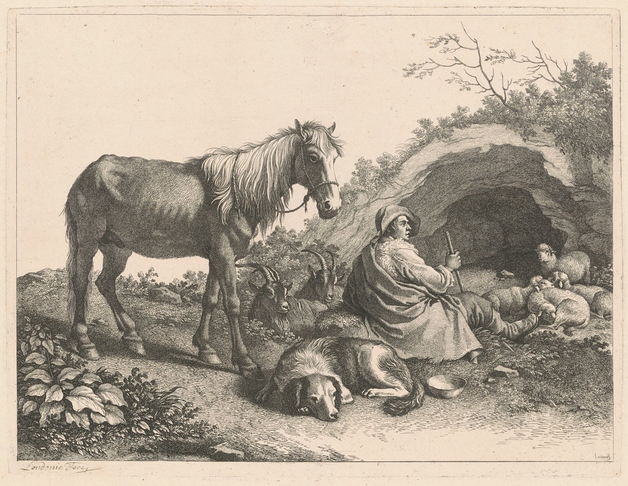 Sitzender Hirte mit Pferd, Hund, Ziegen und Schafen, nach 1776 von Francesco Londonio