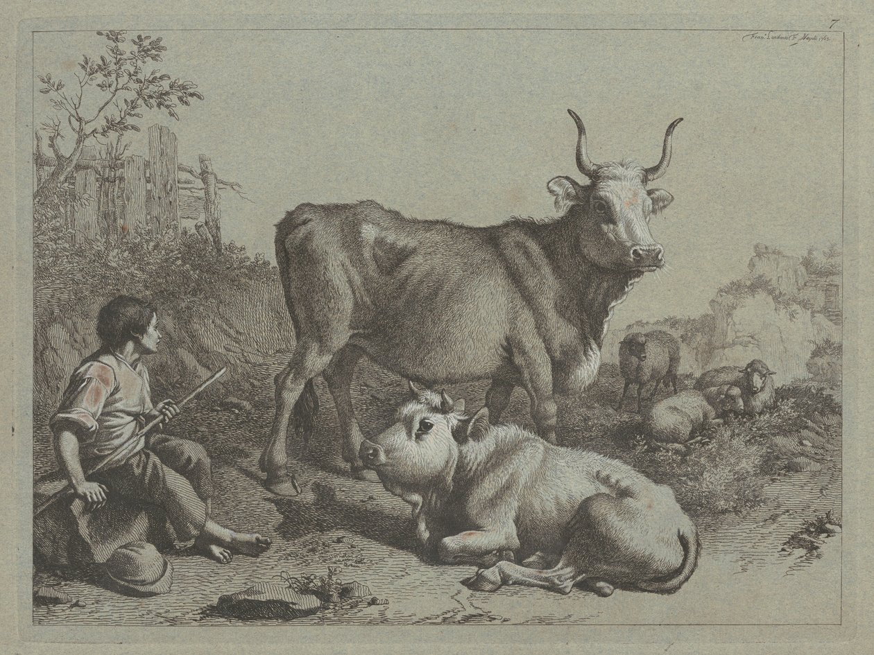 Sitzender Hirte mit einem Stier und einem Ochsen, 1763 von Francesco Londonio