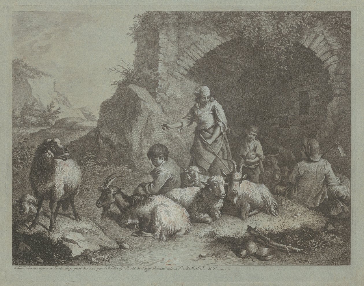 Frau, Hirtenjungen und Schafe in der Nähe eines Bogens von Francesco Londonio
