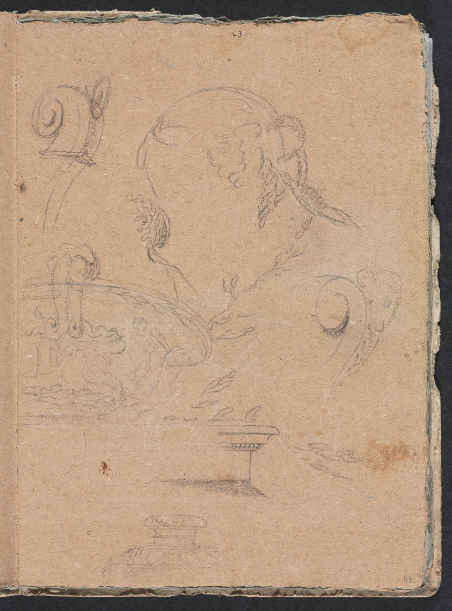 Verona-Skizzenbuch: Architektonische Motive mit Frauenkopf, Seite 45, 1760 von Francesco Lorenzi