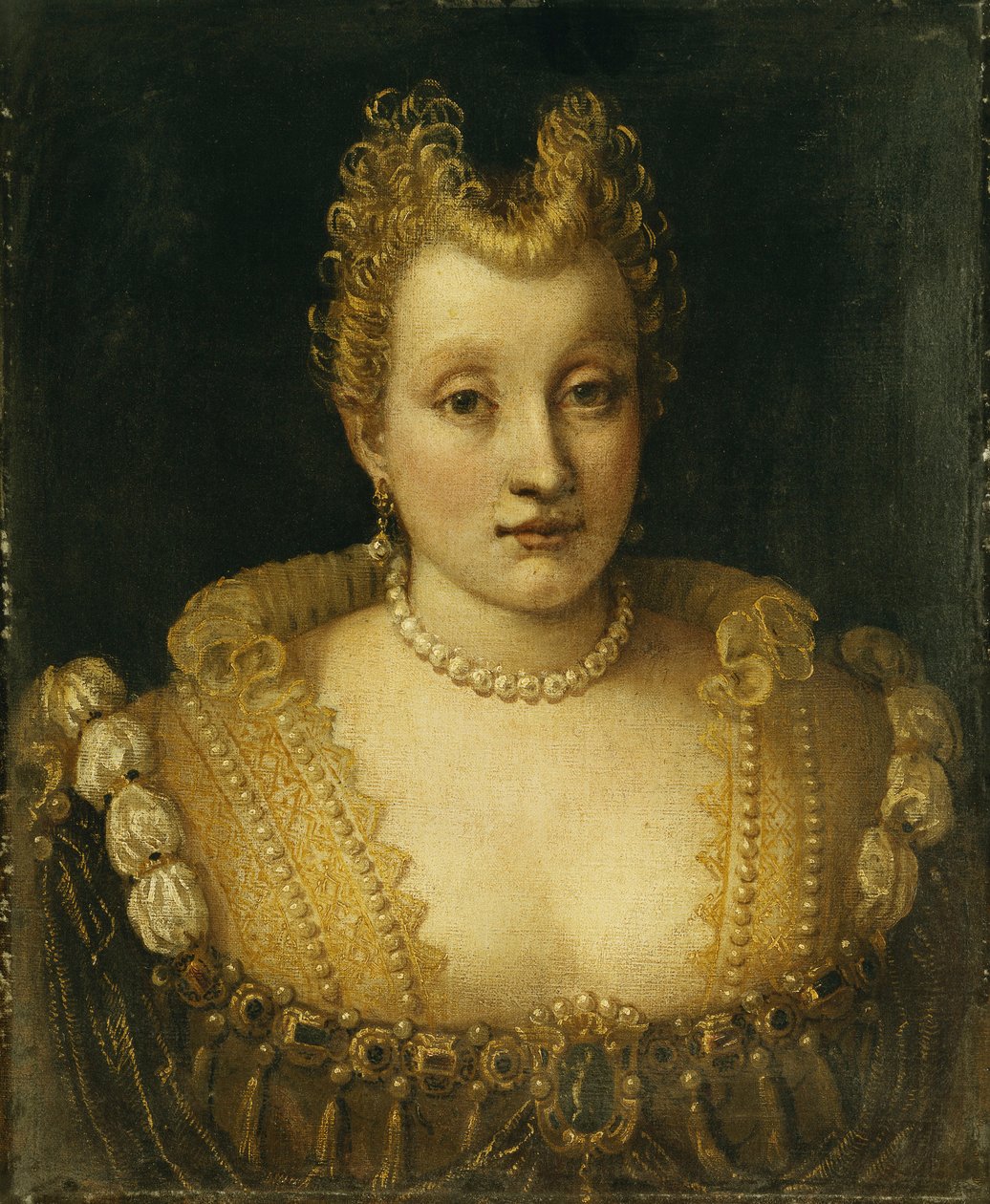 Porträt einer Dame, angeblich aus der Familie Contarini, Brustbild, in einem aufwendigen Kleid mit Juwelen und einer Perlenkette und Ohrringen von Francesco Montemezzano