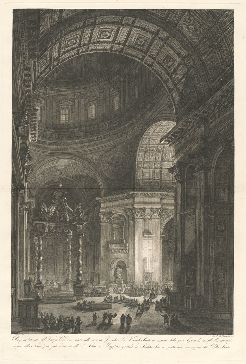 Innenansicht von St. Peter mit der Beleuchtung des Kreuzes von St. Peter von Francesco Piranesi