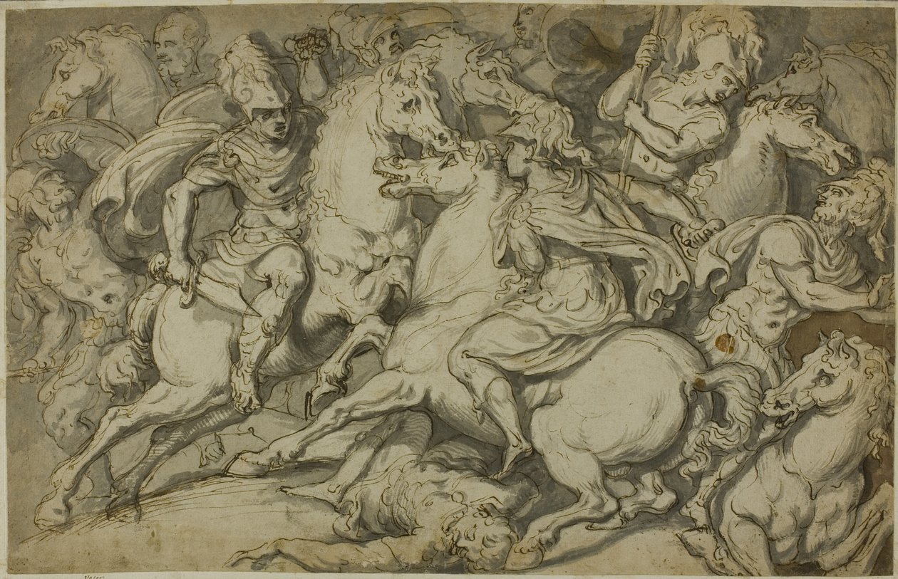 Kavalleriegefecht (recto); Kniender Ecorché (verso) von Francesco Salviati