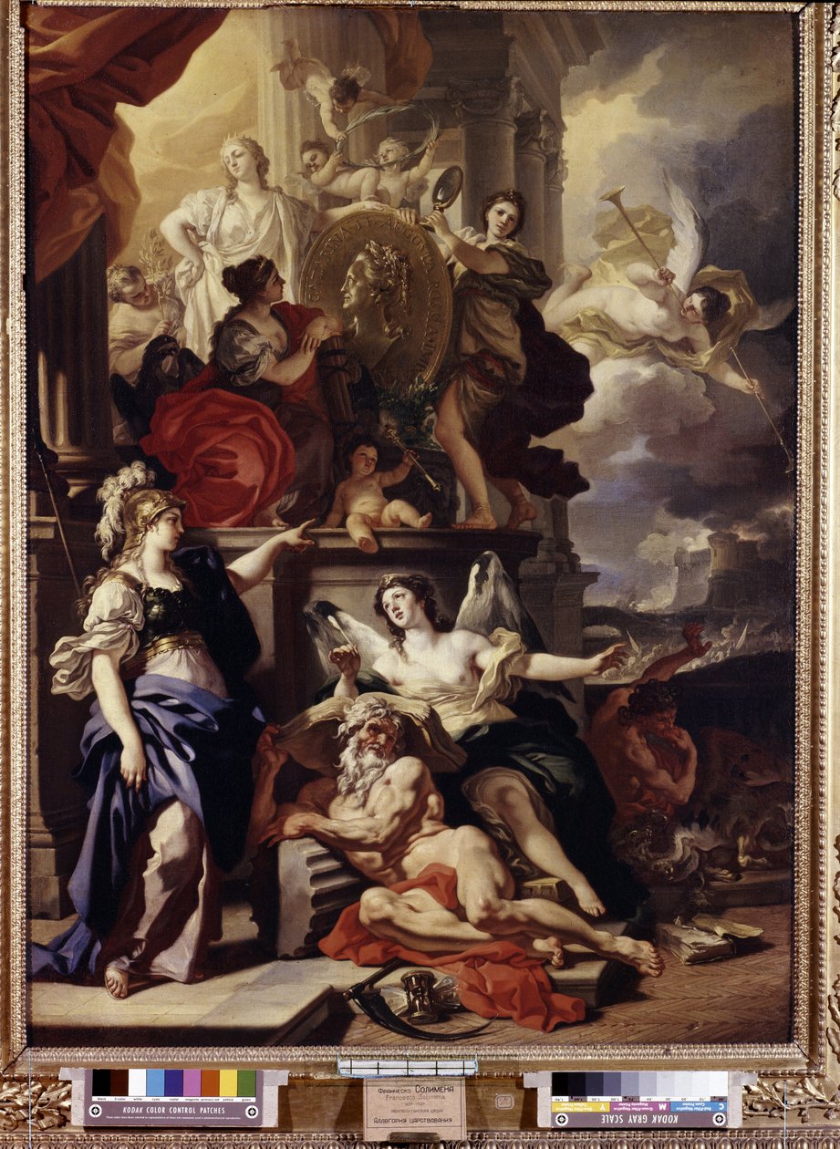 Allegorie der Herrschaft. Das Medaillon in der Mitte zeigt das Gesicht der Königin Katharina II. von Russland (1729-1796). Gemälde von Francesco Solimena (1657-1747). Öl auf Leinwand von Francesco Solimena