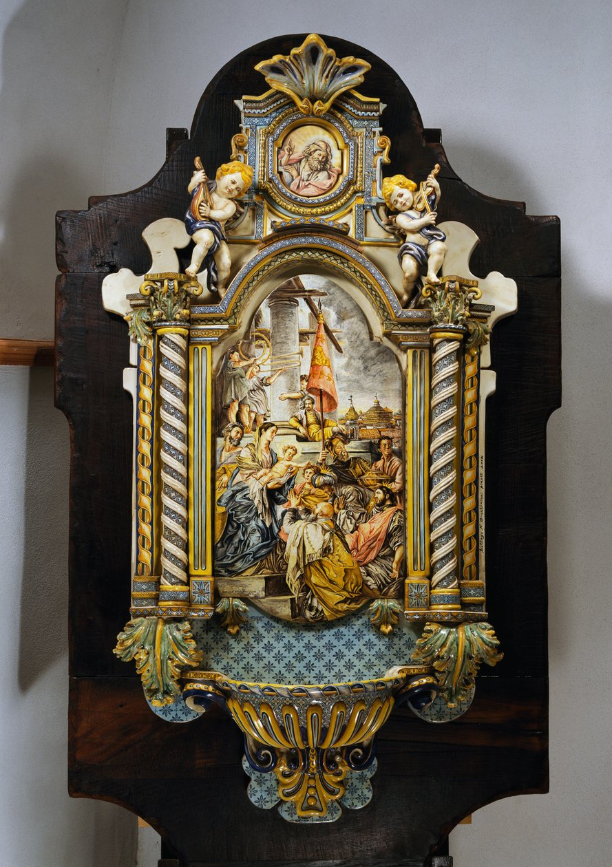 Großes Weihwasserbecken aus bemalter Majolika mit zentraler Szene aus dem Gemälde Anbetung der Könige von Francesco Solimena, Italien, 20. Jahrhundert von Francesco Solimena