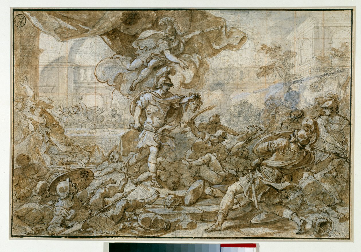 Mythologie: „Perseus verwandelt Phineus und seine Soldaten in Stein“ Zeichnung von Francesco Solimena dit l