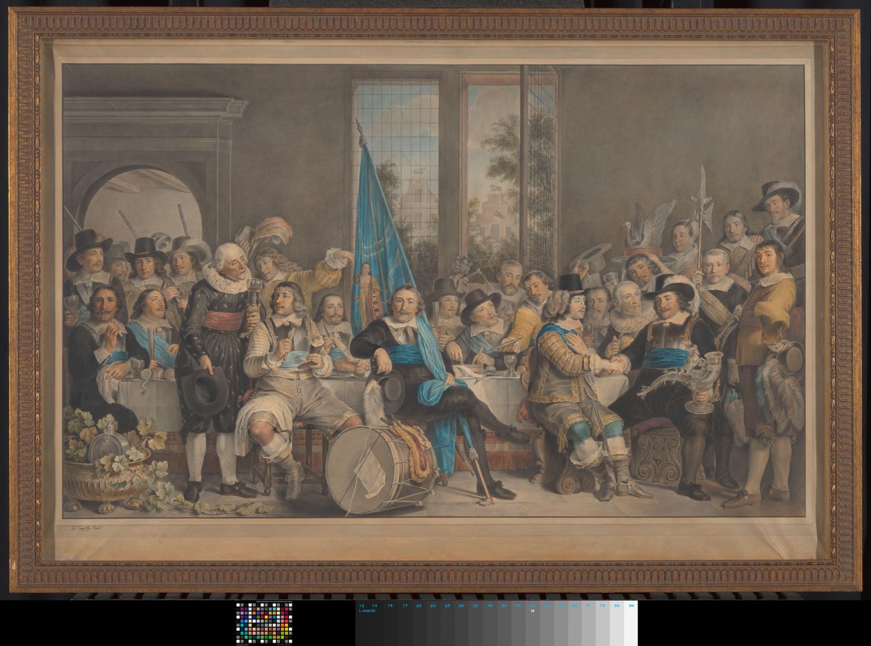 Schützenmahlzeit in der Voetboog (St. Joris) Ziele in Amsterdam, zur Feier des Friedens von Münster, 18. Juni 1648 von Francesco Tozelli (signed by artist)