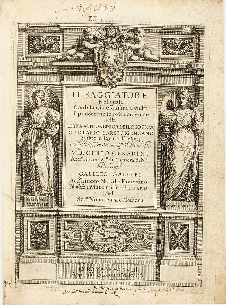 Frontispiz von "Der Prüfer" von Galileo Galilei, 1623 von Francesco Villamena