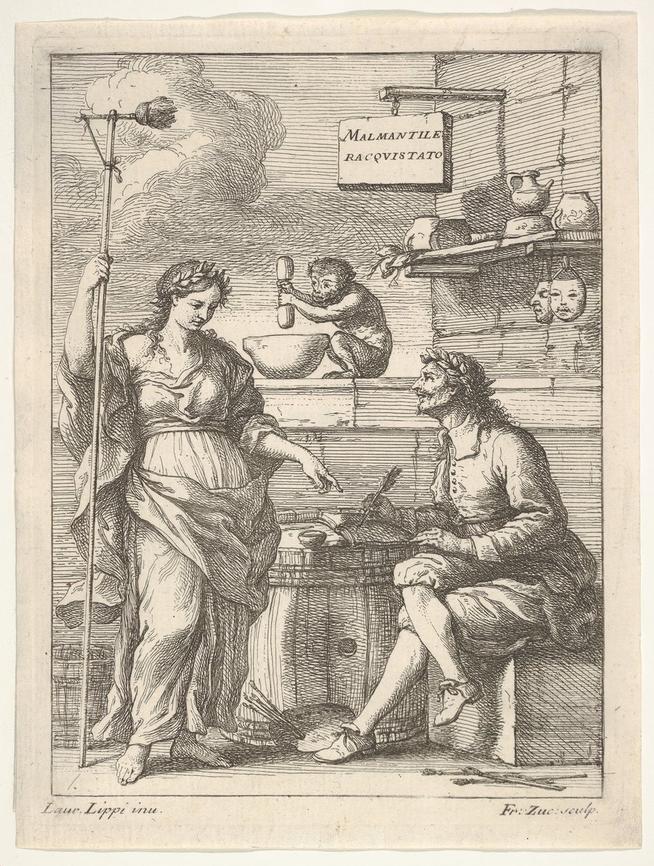 Ein Affe arbeitet mit einem Mörser und Stößel, unten Lorenzo Lippi schreibt seinen humorvollen ..., ca. 1710-64 von Francesco Zuccarelli