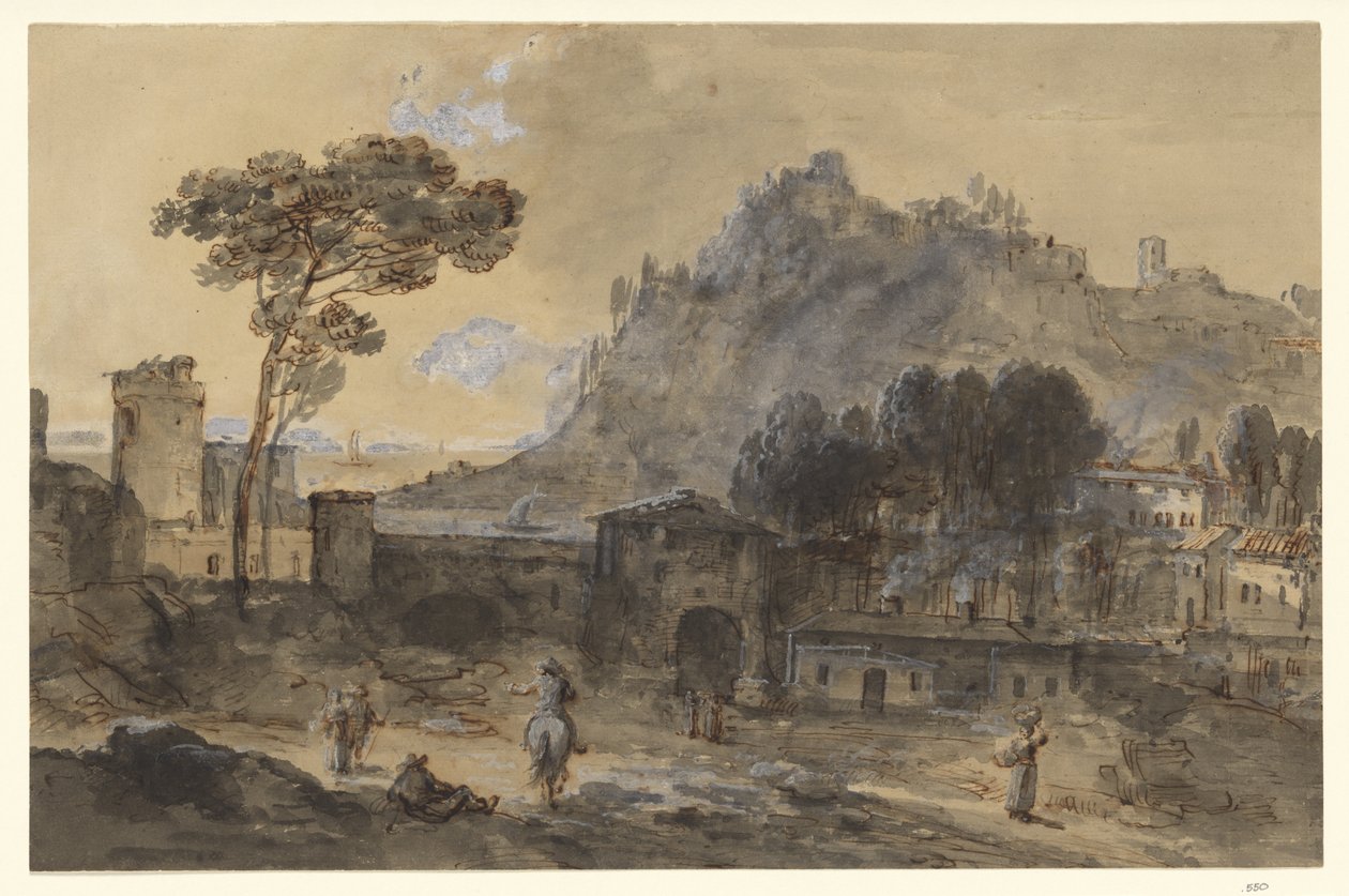 Klassische Landschaft: Eine Stadt und ein Berg an der Küste von Francesco Zuccarelli