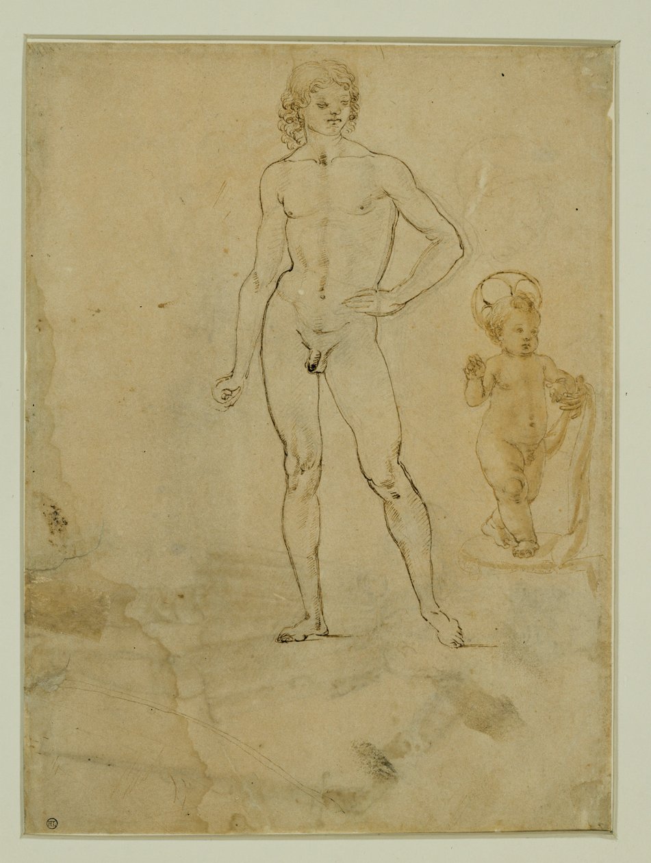 Ein nackter Jüngling, stehend; das Jesuskind; weibliches Porträt nach rechts gedreht von Francesco di Simone (attr. to)