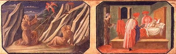 (LtoR) St. Franziskus von Assisi empfängt die Stigmata, SS. Cosmas und Damian heilen einen kranken Mann; Kopien der Originaltafeln, die Teil der Predella zur Madonna mit Kind auf dem Thron von Filippo Lippi sind von Francesco di Stefano Pesellino