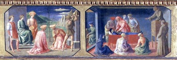(LtoR) Das Martyrium der SS. Cosmas und Damian, St. Antonius von Padua findet das Herz des Geizhalses; zwei Tafeln der Predella der Madonna mit Kind auf dem Thron von Filippo Lippi (ca. 1406-69) von Francesco di Stefano Pesellino
