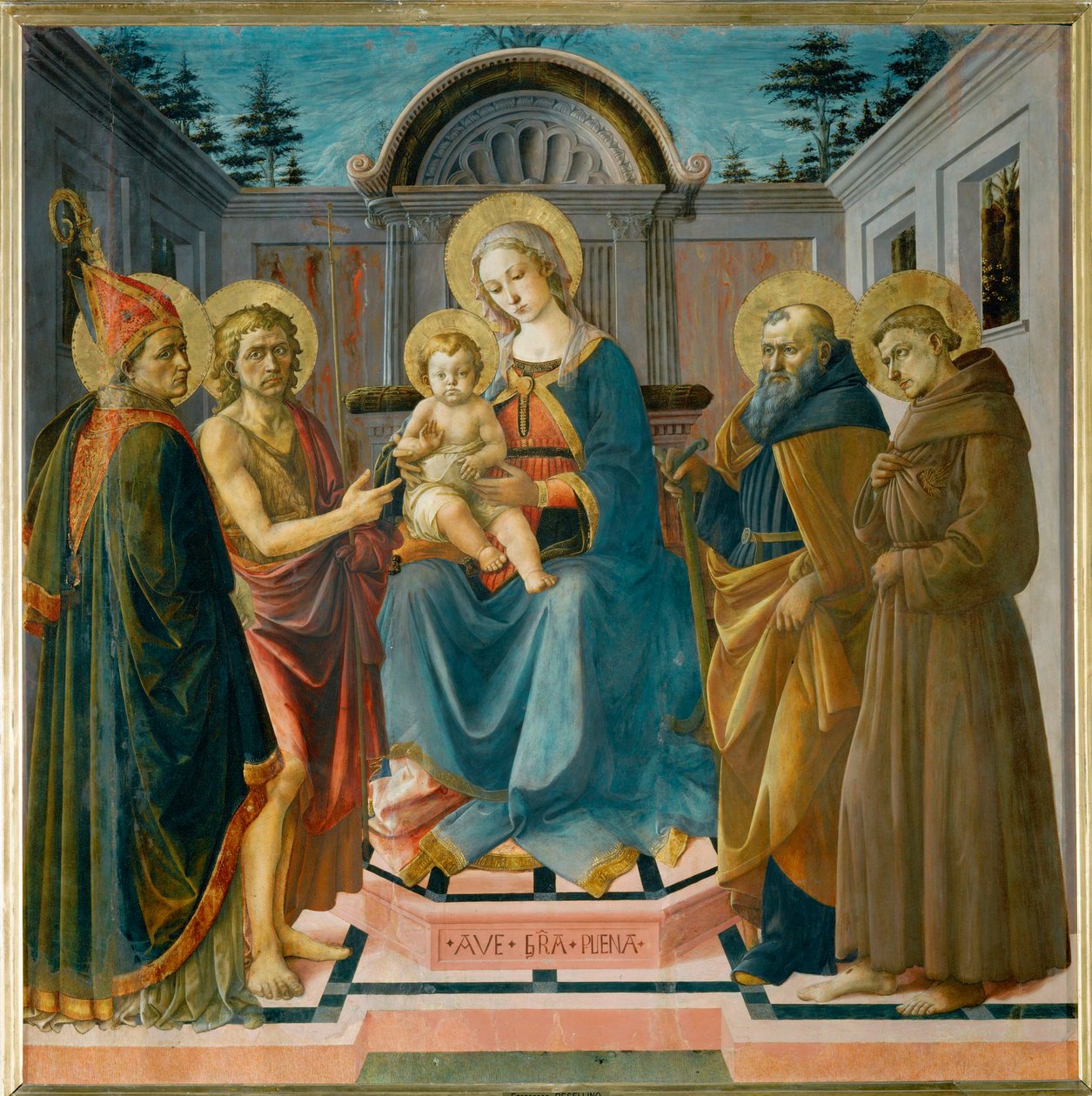 Die Jungfrau und das Kind zwischen dem heiligen Zenobius, dem heiligen Johannes dem Täufer, dem heiligen Antonius dem Abt und dem heiligen Franziskus von Francesco di Stefano Pesellino