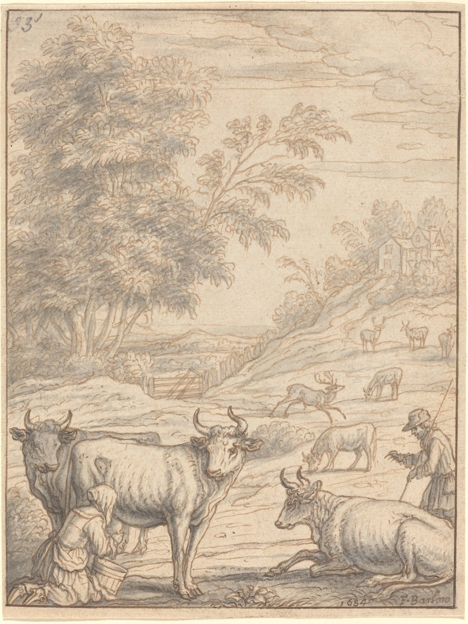 Eine Wiese mit Rindern und Hirschen von Francis Barlow