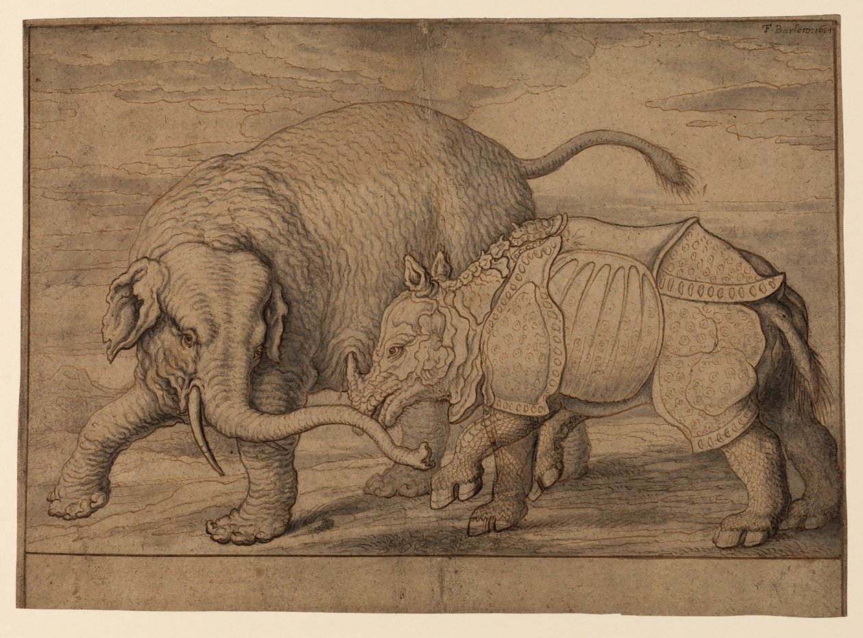 Kampf zwischen einem Elefanten und einem Nashorn von Francis Barlow