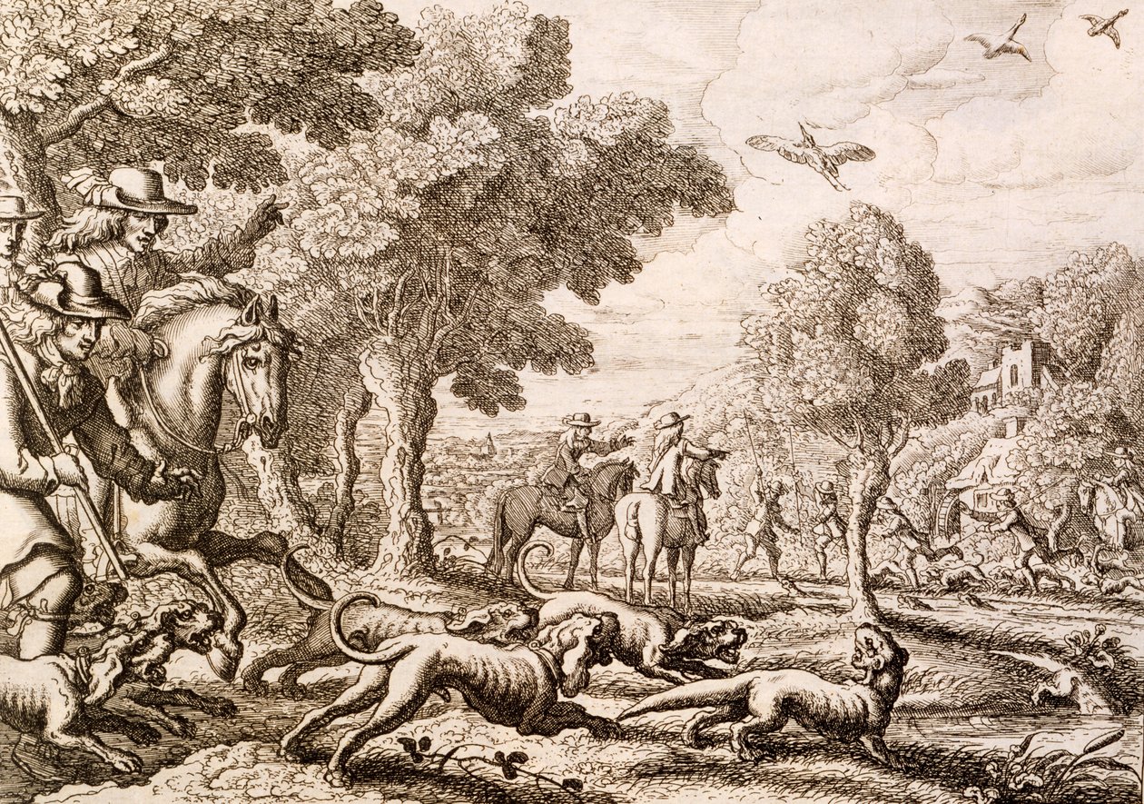 Otterjagd an einem Fluss, graviert von Wenceslaus Hollar, 1671 von Francis Barlow