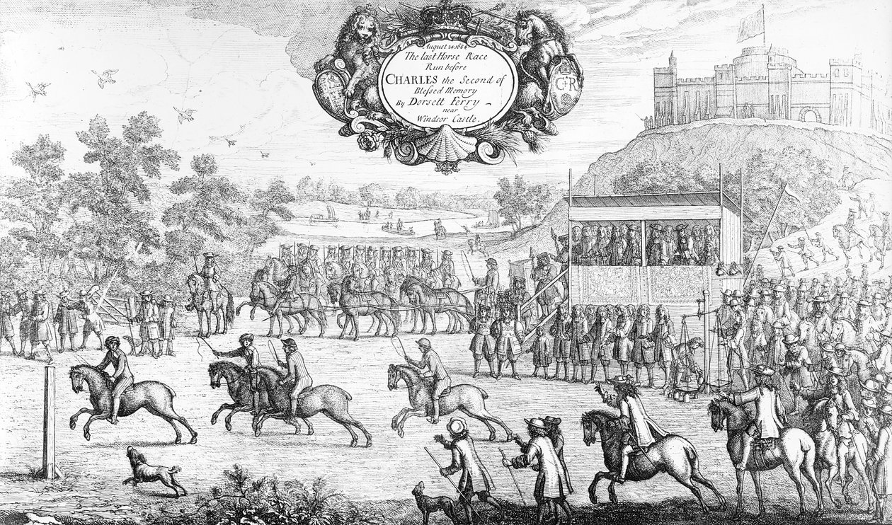 Das letzte Pferderennen vor Karl dem Zweiten von gesegneter Erinnerung bei Dorsett Ferry, nahe Windsor Castle, 24. August 1684, 1687 von Francis Barlow