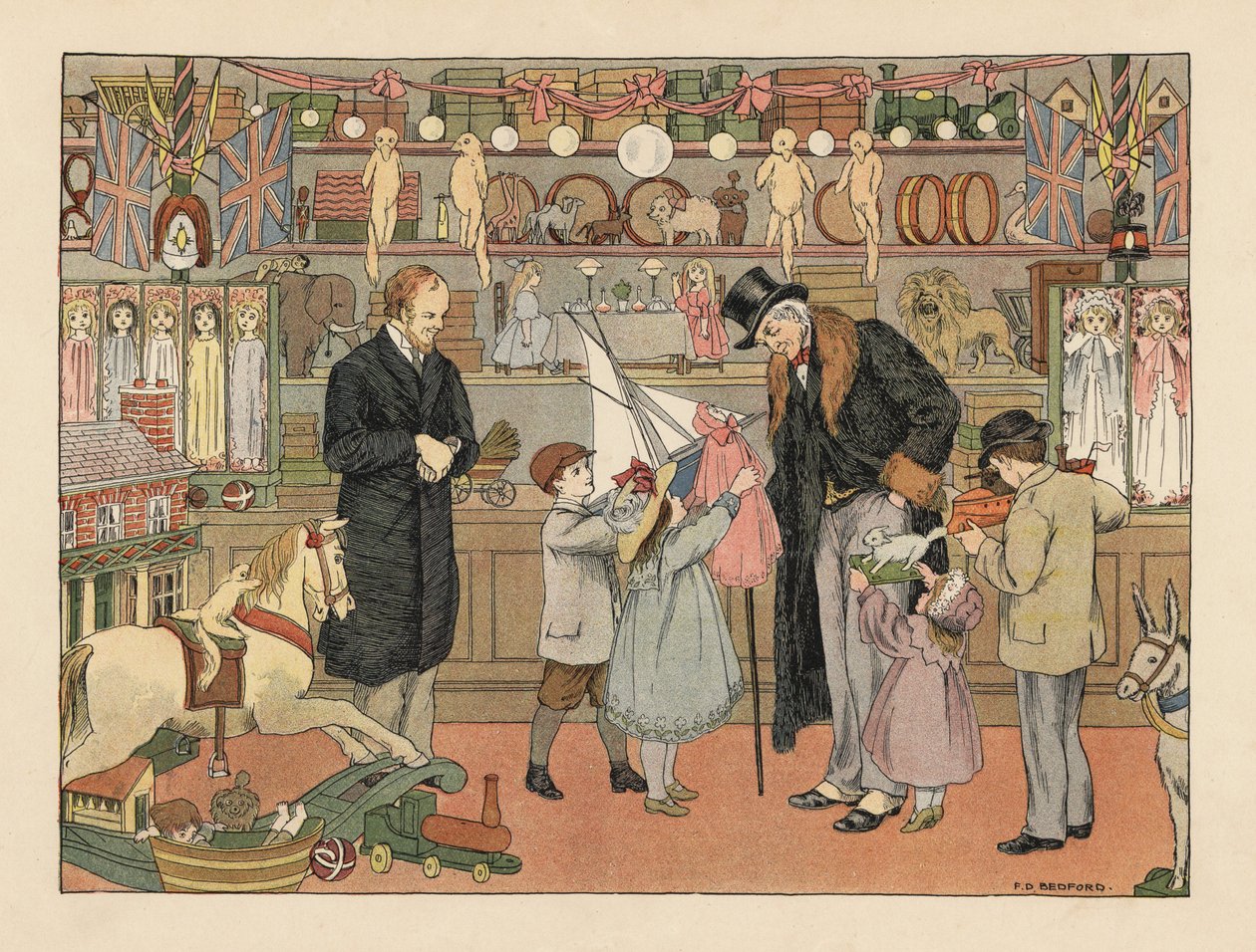 Viktorianische Kinder wählen Spielzeug mit ihrem Onkel in einem Spielzeugladen. Chromolithographie nach einer Illustration von Francis Donkin Bedford aus Edward Verrall Lucas