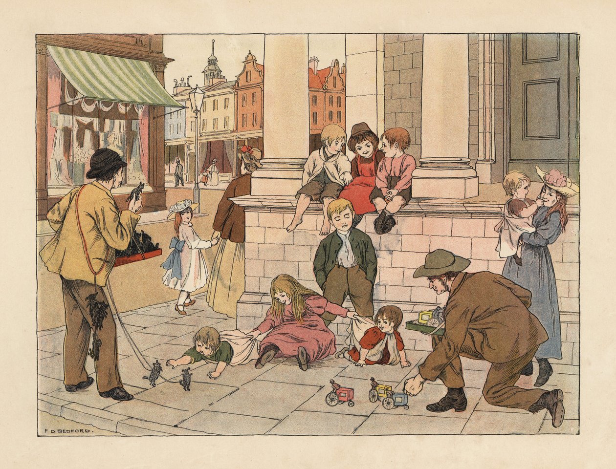 Viktorianische Straßenhändler verkaufen Kindern in einer Londoner Straße Penny-Spielzeuge. Chromolithographie nach einer Illustration von Francis Donkin Bedford aus Edward Verrall Lucas