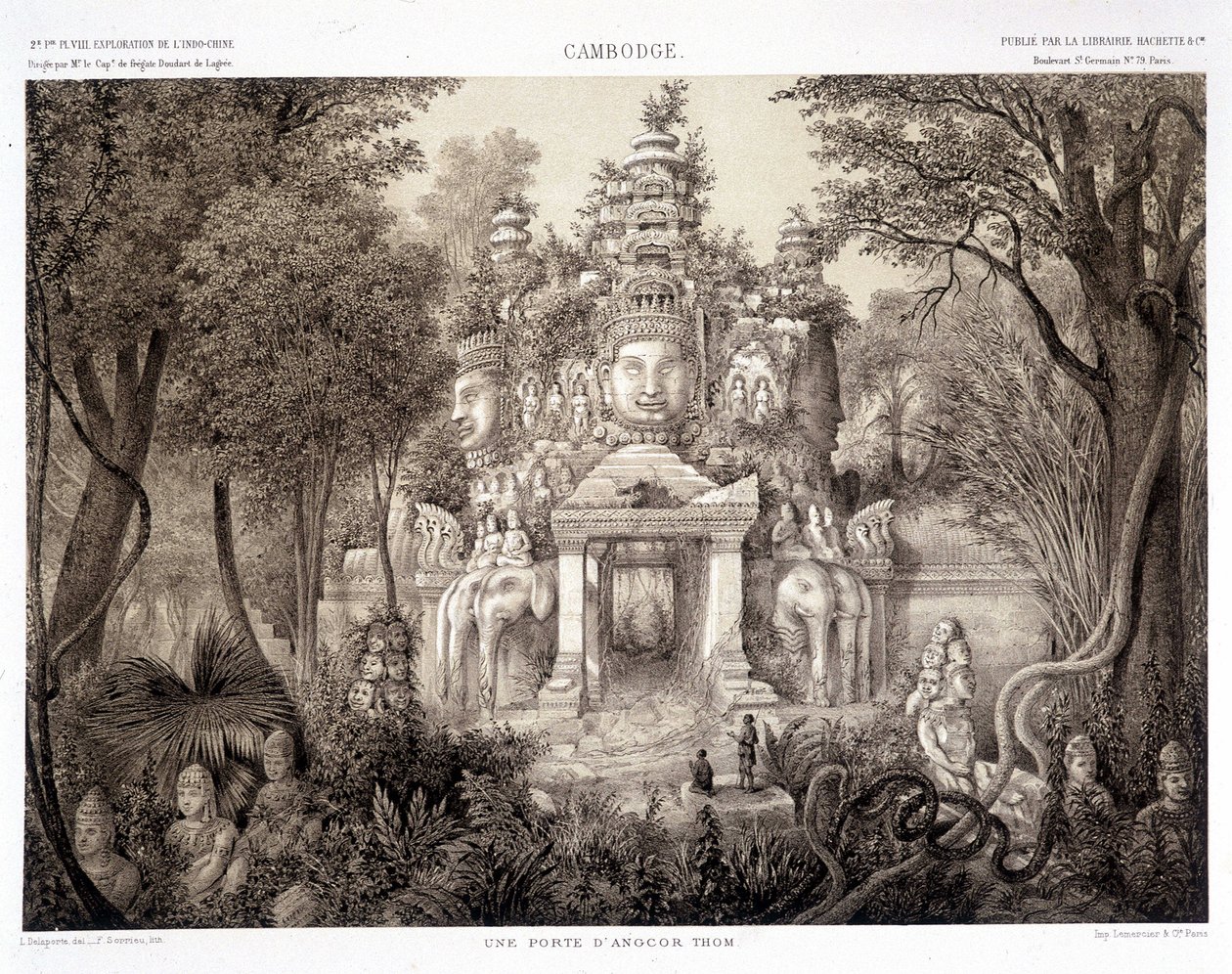 Ein Tor von Angkor Thom, ca. 1870 - aus „Reise der Erkundung in Indochina 1866-1868“ von Francis Garnier von Francis Garnier