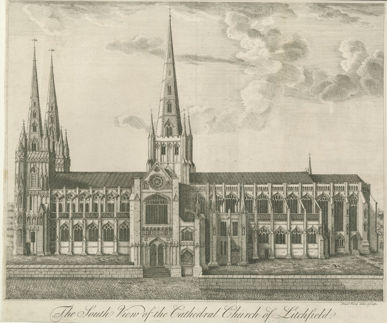 Kathedrale von Lichfield - Südansicht: Radierung, undatiert [19. Jh.] von Francis Perry