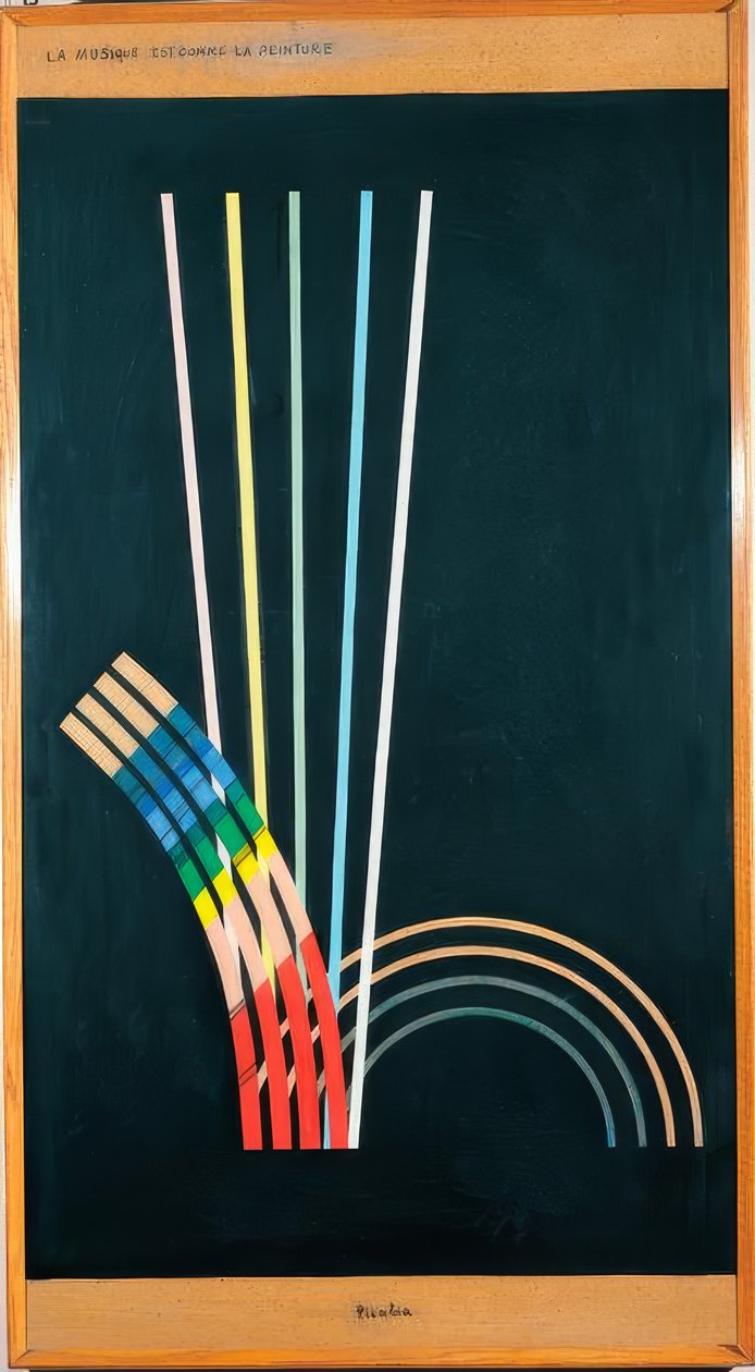 Alle. Schwarze Farben, weiße, rote, blaue, gelbe Linien, Kurven, gerade Linien, Bögen. von Francis Picabia