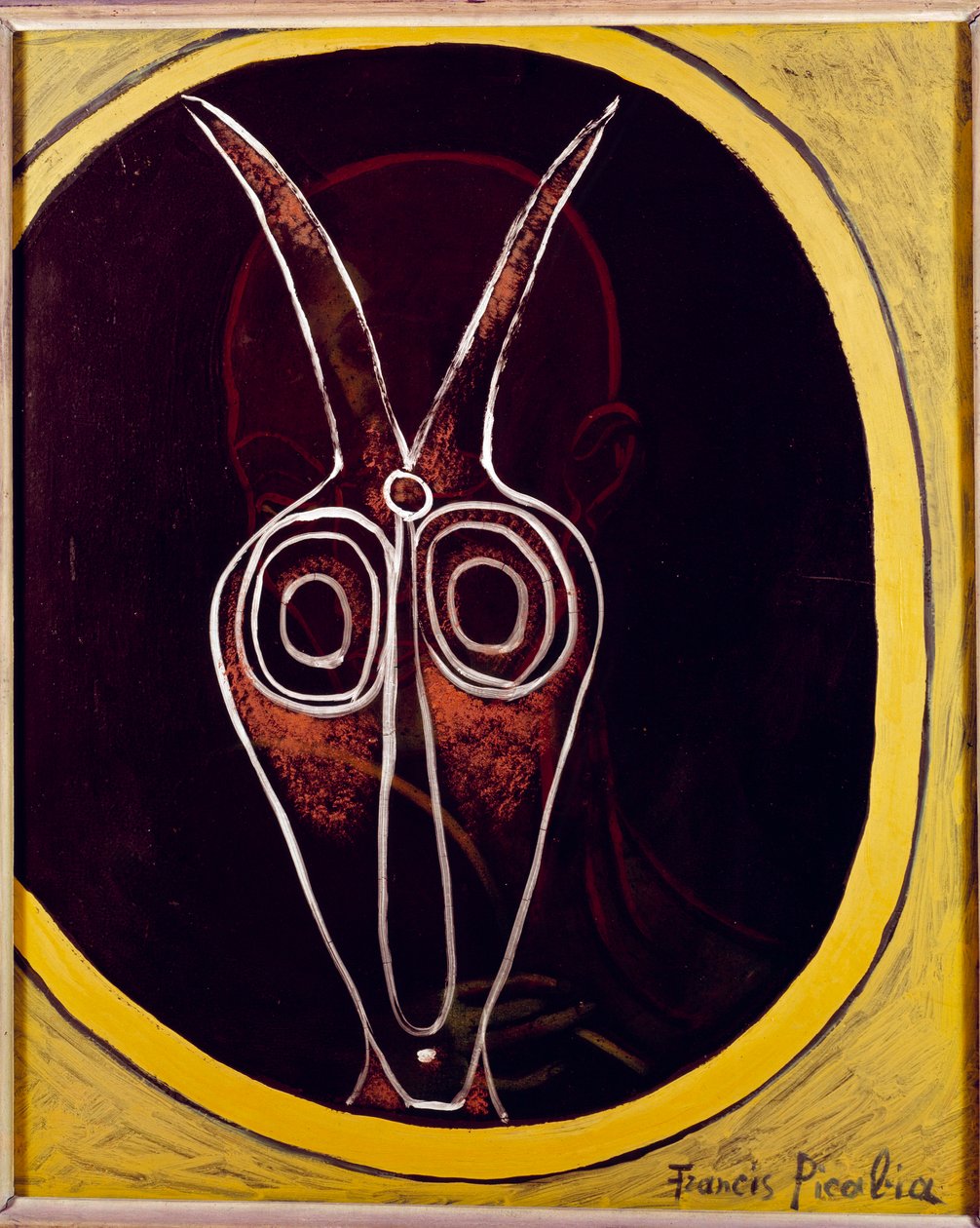 Transparenz. Männergesicht und Tierkopf mit überlagertem Horn von Francis Picabia