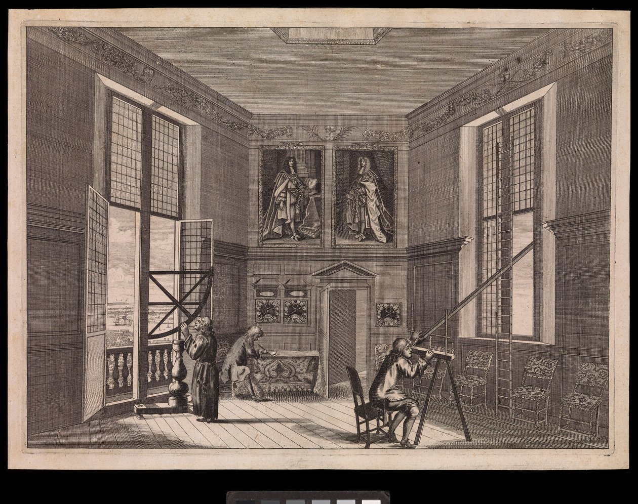 Drei Figuren benutzen astronomische Geräte im Großen Sternzimmer oder dem Oktagonzimmer, wie es heute bekannt ist, im Royal Observatory, ca. 1676 von Francis Place