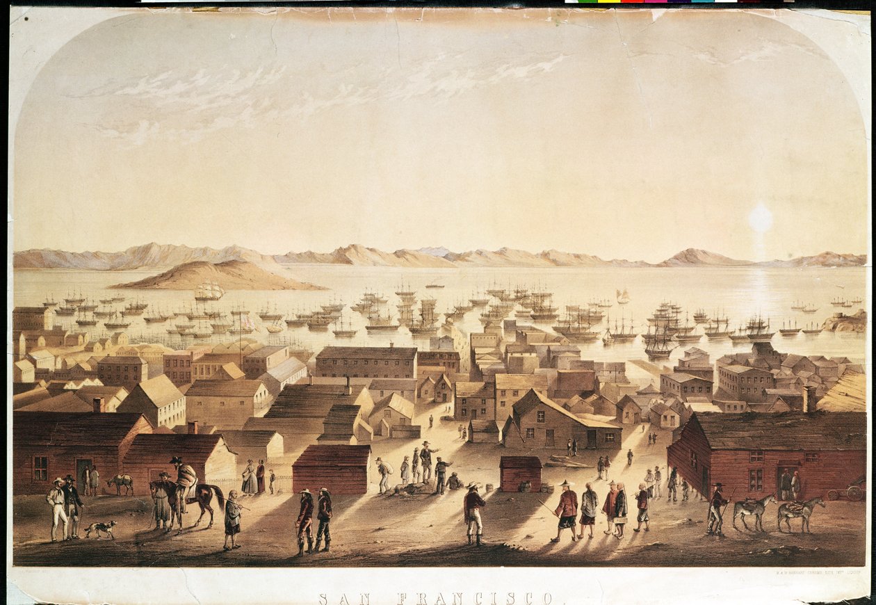 Eine Gesamtansicht von San Francisco, veröffentlicht von M und N Hanhart, ca. 1850-52 von Francis Samuel Marryat