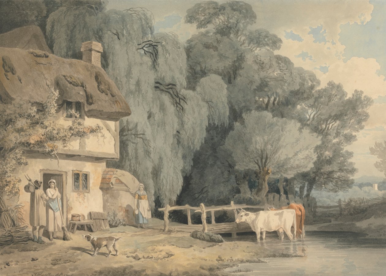 Ländliche Szene: Figuren an einer Haustür und Vieh in einem Bach von Francis Wheatley