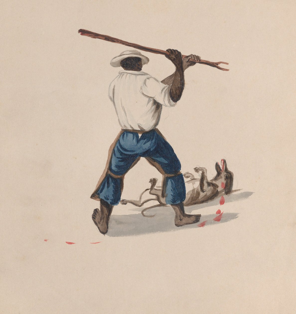 Ein Mann von hinten gesehen, der einen Hund mit einem Stock schlägt, ca. 1848 von Francisco