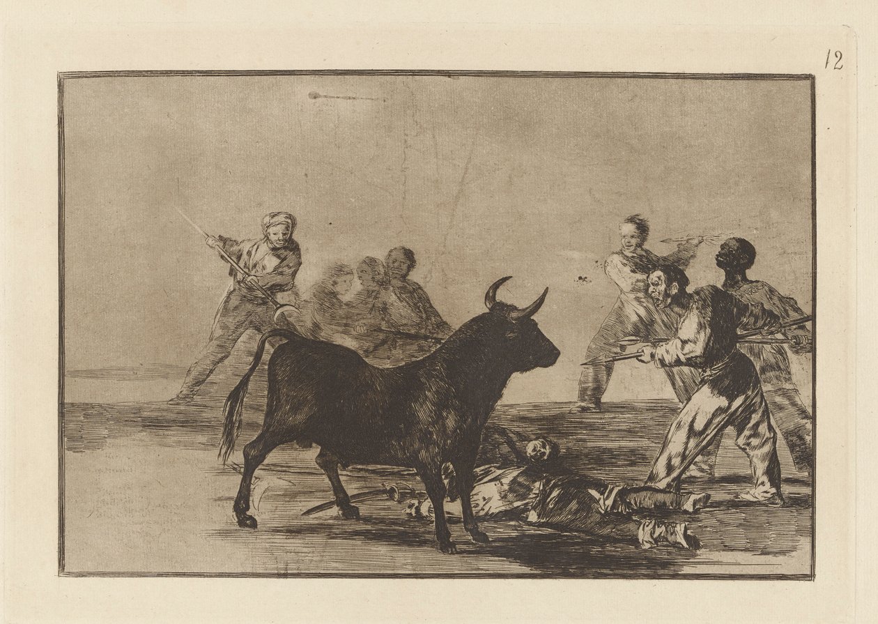 Desjarrete de la canalla con lanzas, medias-lunas, banderillas y otras armas (Der Pöbel lähmt den Stier mit Lanzen, Sicheln, Banderillas und anderen Waffen), Platte 12 aus La tauromaquia von Francisco de Goya