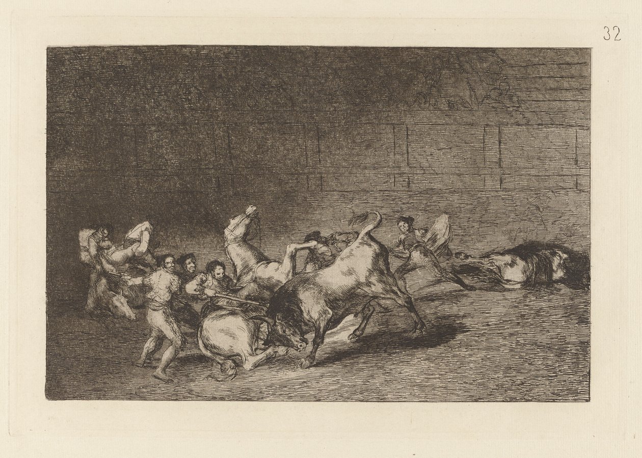 Dos grupos de picadores arrolados de seguida por un solo toro (Zwei Teams von Picadores nacheinander von einem einzigen Stier geworfen), Platte 32 aus La tauromaquia von Francisco de Goya