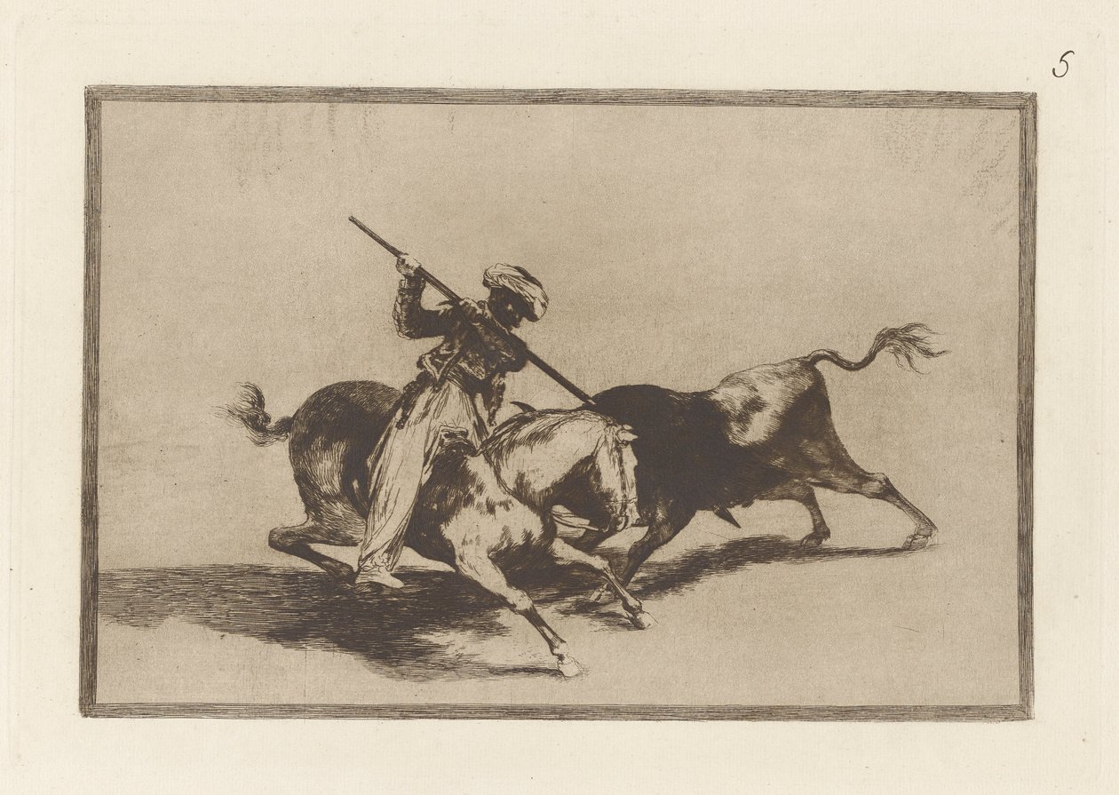 El animoso Moro Gazul es el primero que lanceó toros en regla. (Der temperamentvolle Maure Gazul ist der Erste, der Stiere nach den Regeln spießt), Platte 5 aus La tauromaquia von Francisco de Goya