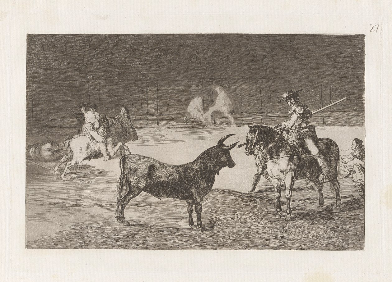 Der berühmte Picador Fernando del Toro zieht das wilde Tier mit seiner Pike an, Platte 27 aus La tauromaquia von Francisco de Goya