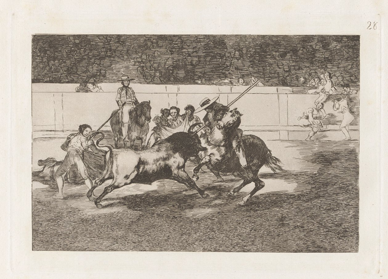 El esforzado Rendon sticht einen Stier mit der Pique, aus der er in der Arena von Madrid starb, Platte 28 aus La tauromaquia von Francisco de Goya