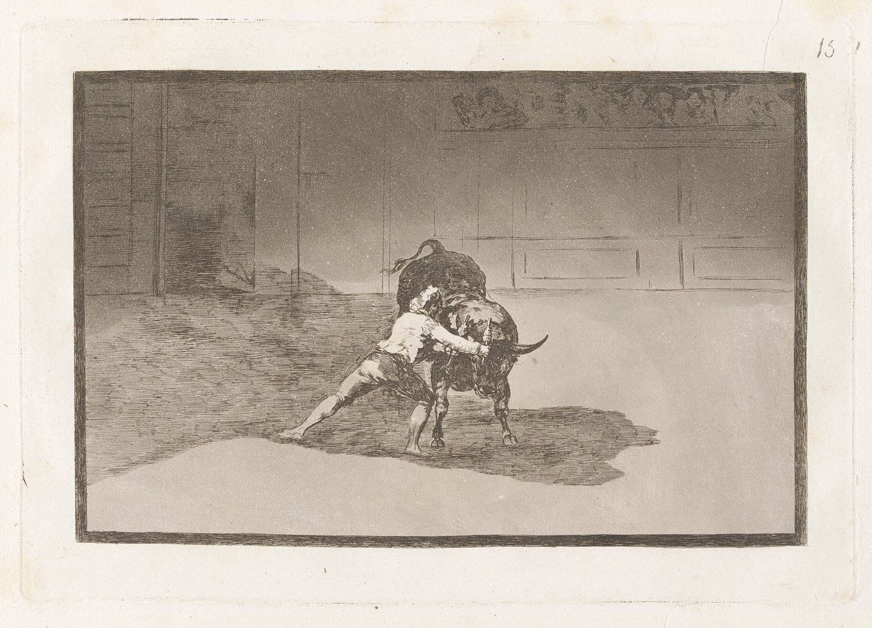 El famoso Martincho poniendo banderillas al quiebro (Der berühmte Martincho setzt die Banderillas und spielt den Stier mit der Bewegung seines Körpers), Platte 15 aus La tauromaquia von Francisco de Goya