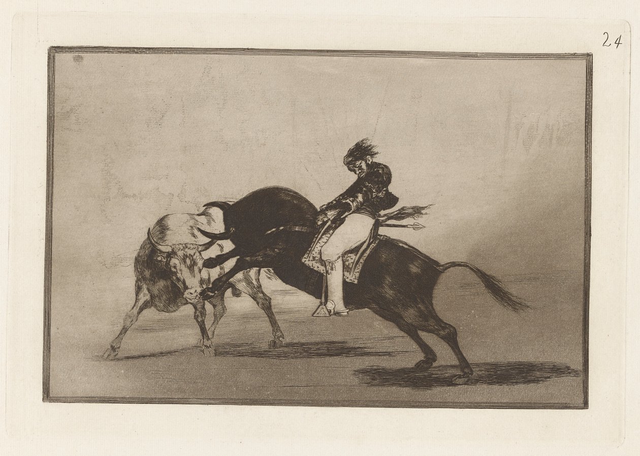 Der gleiche Ceballos auf einem anderen Stier bricht kurze Speere im Ring von Madrid, Platte 24 aus La tauromaquia von Francisco de Goya