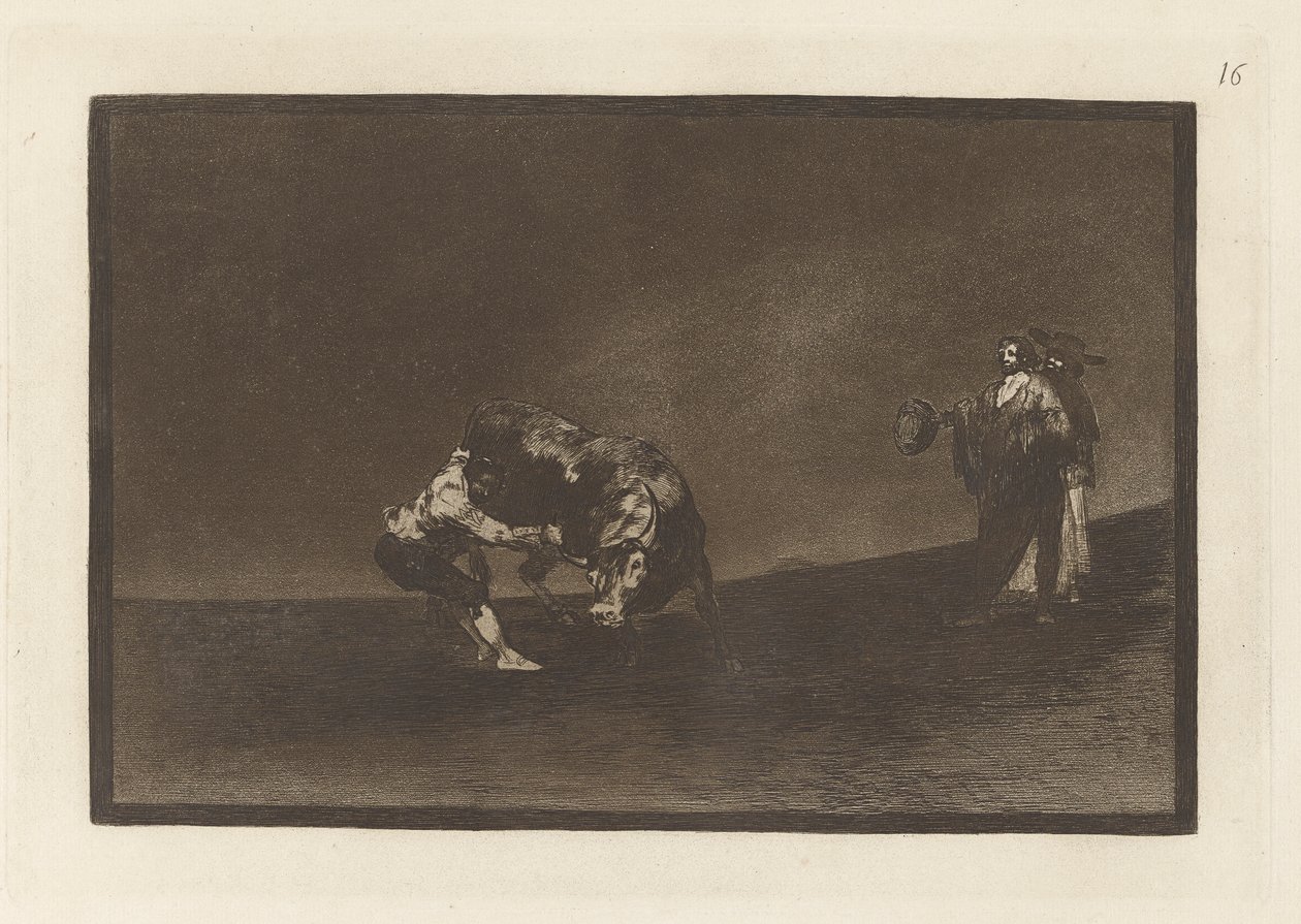 Der gleiche Mann wirft einen Stier in der Arena von Madrid, Platte 16 aus La tauromaquia von Francisco de Goya