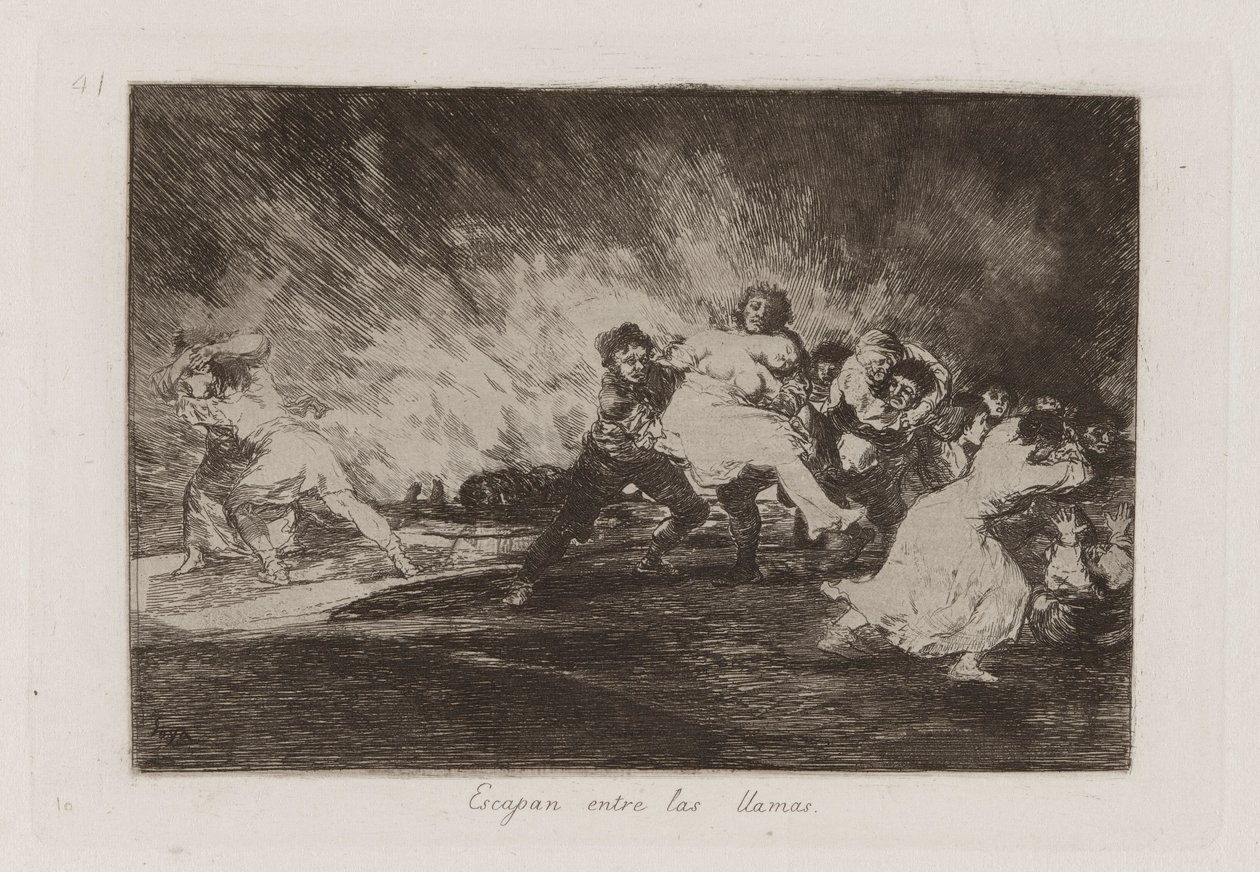 Escapan entre las llamas (Sie entkommen durch die Flammen), Platte 41 aus Los desastres de la guerra (Die Schrecken des Krieges) von Francisco de Goya