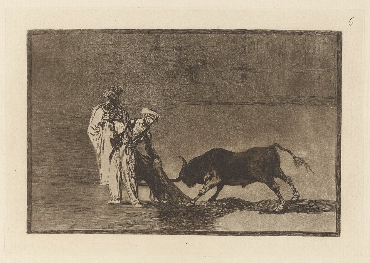 Die Mauren machen ein anderes Spiel im Ring und rufen den Stier mit ihrem Burnous, Platte 6 aus La tauromaquia von Francisco de Goya