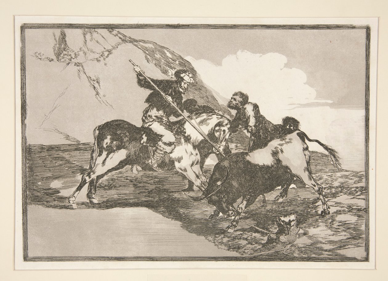 Die Art und Weise, wie die alten Spanier Stiere zu Pferd auf freiem Feld jagten, pl. 1 aus der Serie La tauromaquia von Francisco de Goya