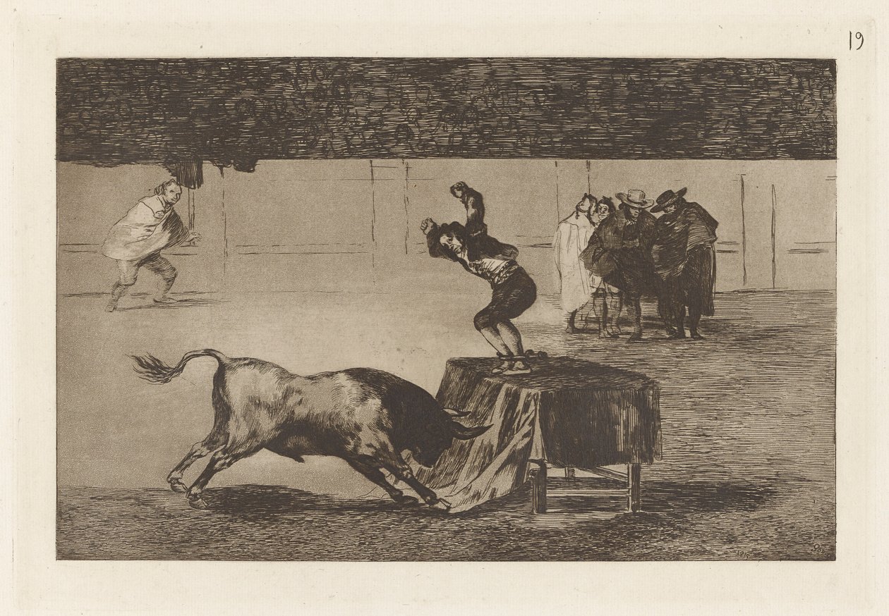Otra locura suya en la misma plaza (Eine weitere Verrücktheit von ihm in derselben Arena), Platte 19 aus La tauromaquia von Francisco de Goya