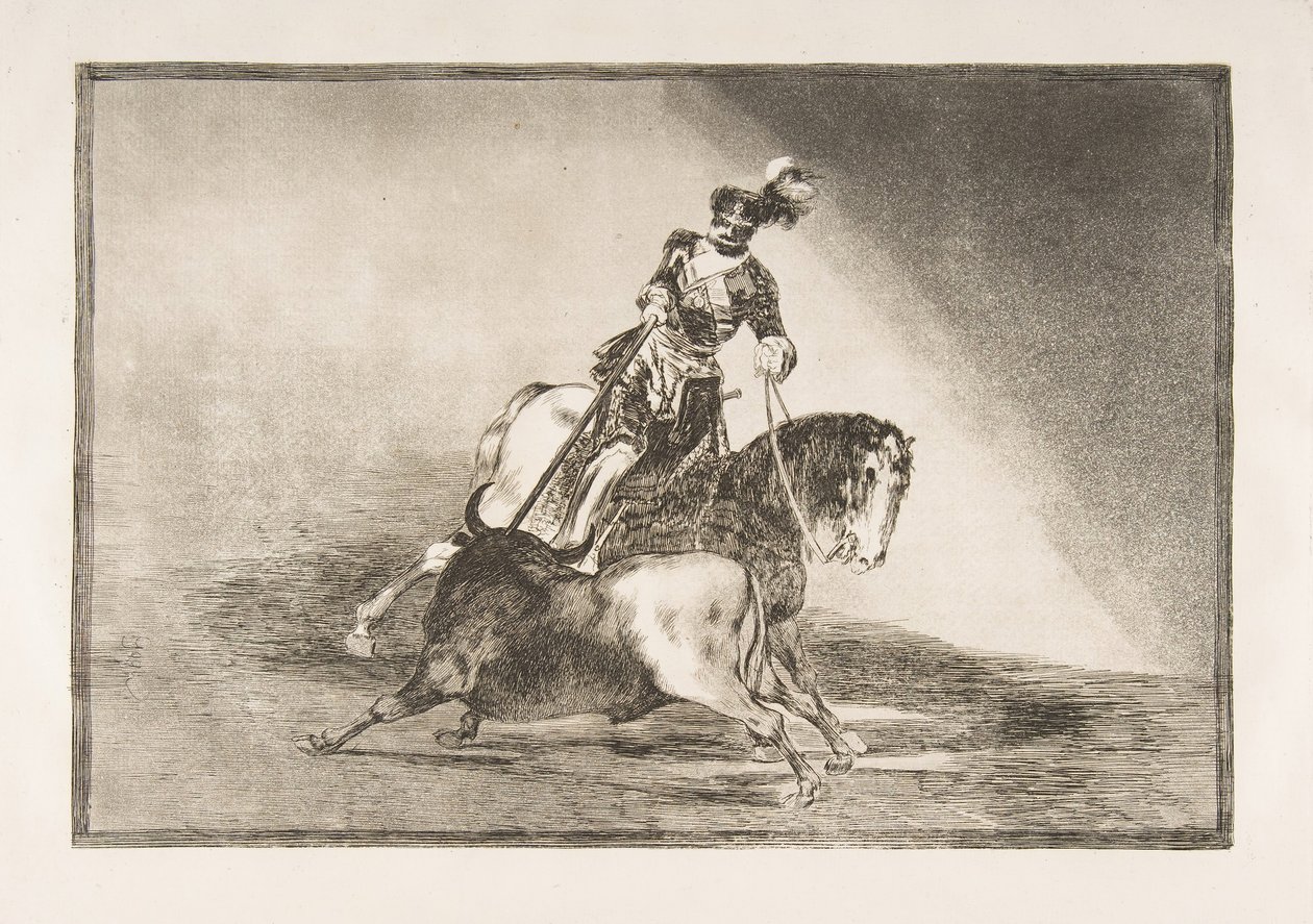 Tafel 10 aus La Tauromaquia: Karl V. spießt einen Stier in der Arena von Valladolid, 1816 von Francisco de Goya