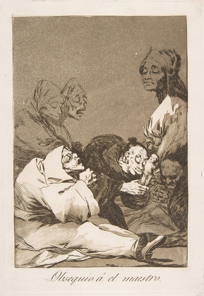 Tafel 47 aus Los Caprichos: Ein Geschenk für den Meister Obsequio á el maestro von Francisco de Goya