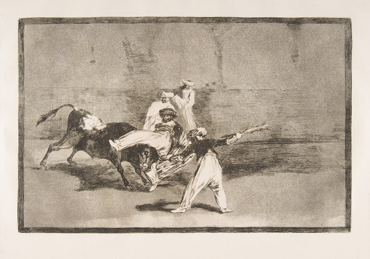 Tafel 8 der Tauromaquia: Ein Maure wird im Ring vom Stier gefangen, 1816 von Francisco de Goya
