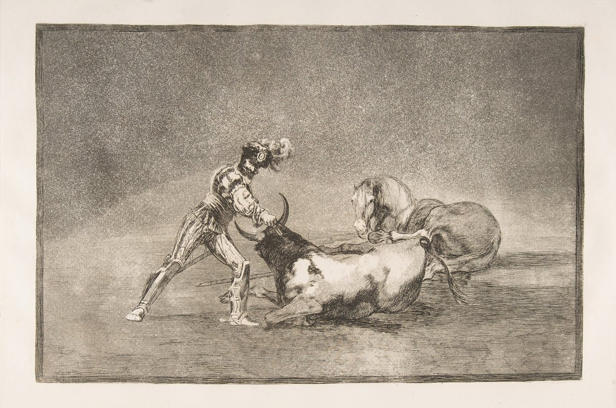 Platte 9 der Tauromaquia: Ein spanischer Ritter tötet den Stier, nachdem er sein Pferd verloren hat., 1816 von Francisco de Goya