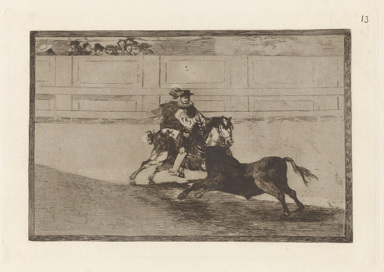 Ein spanischer Ritter im Ring, der kurze Speere ohne die Hilfe von Assistenten bricht, Platte 13 aus La tauromaquia von Francisco de Goya
